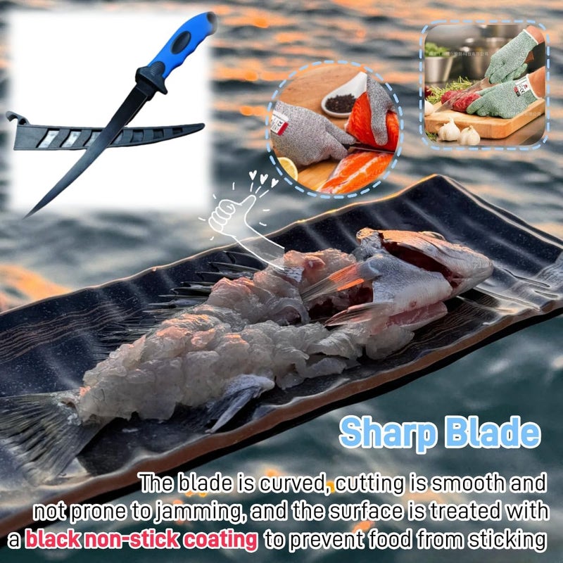 HOWORR 2PCS fillet knife Set, 5 & 7 inch Stainless Steel filet knife for fish, Fishing Gear, Fishing Tool Set, Fishing Accessories Gifts, Non-Slip Handles, with Sharpener and Cutting Resistant Gloves, Blue - Image 2